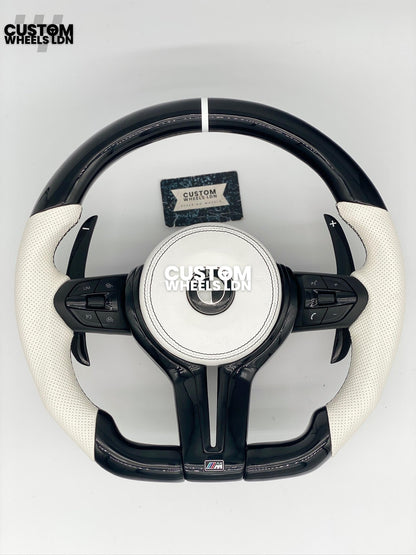 BMW Custom Flat Bottom Steering Wheel – Gloss Carbon, White Perforated Leather, Black Buttons, White Stripe | Fits F20, F22, F30, F32, F36, F87 + more | Plug & Play | Complete with Airbag | Upgrade for Older Models Available