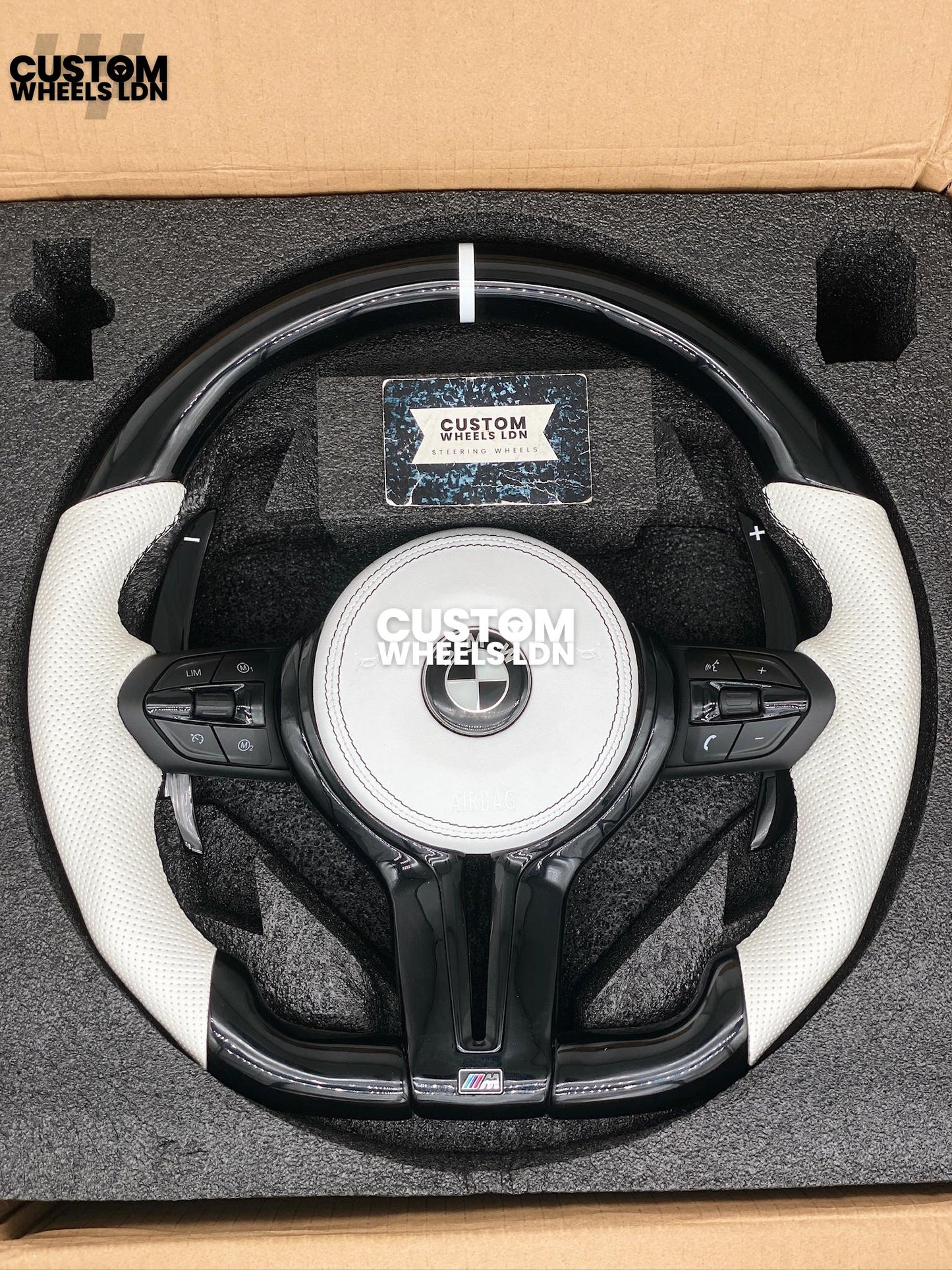 BMW Custom Flat Bottom Steering Wheel – Gloss Carbon, White Perforated Leather, Black Buttons, White Stripe | Fits F20, F22, F30, F32, F36, F87 + more | Plug & Play | Complete with Airbag | Upgrade for Older Models Available
