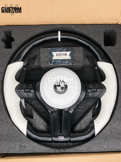 BMW Custom Flat Bottom Steering Wheel – Gloss Carbon, White Perforated Leather, Black Buttons, White Stripe | Fits F20, F22, F30, F32, F36, F87 + more | Plug & Play | Complete with Airbag | Upgrade for Older Models Available