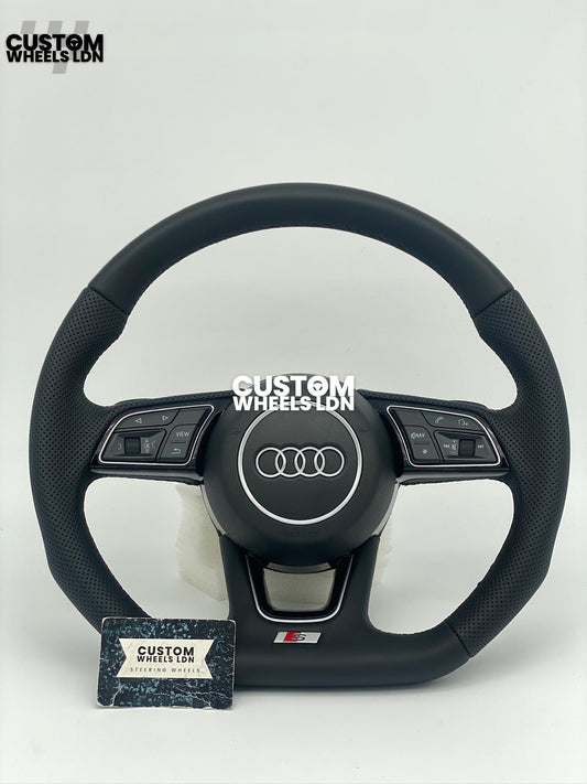 Audi Custom Flat Bottom Steering Wheel – Smooth Leather, Perforated Grips, OEM Short Paddles, Stock Buttons | Fits A3, A4, A5, S3, S4, Q3 + more | Plug & Play | With Airbag | Guaranteed Fit | Upgrade for Older Models Available
