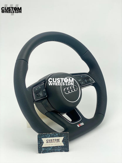 Audi Custom Flat Bottom Steering Wheel – Smooth Leather, Perforated Grips, OEM Short Paddles, Stock Buttons | Fits A3, A4, A5, S3, S4, Q3 + more | Plug & Play | With Airbag | Guaranteed Fit | Upgrade for Older Models Available