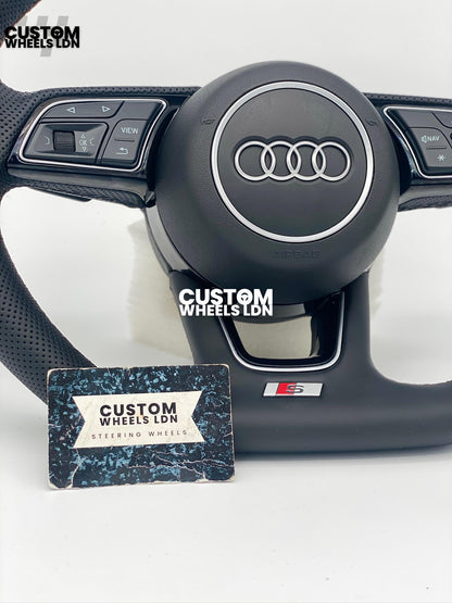 Audi Custom Flat Bottom Steering Wheel – Smooth Leather, Perforated Grips, OEM Short Paddles, Stock Buttons | Fits A3, A4, A5, S3, S4, Q3 + more | Plug & Play | With Airbag | Guaranteed Fit | Upgrade for Older Models Available