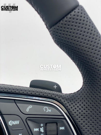 Audi Custom Flat Bottom Steering Wheel – Smooth Leather, Perforated Grips, OEM Short Paddles, Stock Buttons | Fits A3, A4, A5, S3, S4, Q3 + more | Plug & Play | With Airbag | Guaranteed Fit | Upgrade for Older Models Available