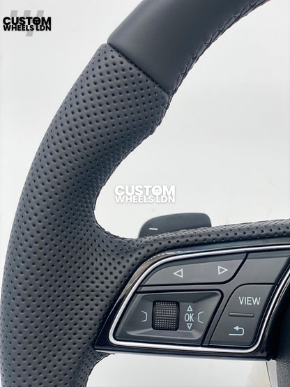 Audi Custom Flat Bottom Steering Wheel – Smooth Leather, Perforated Grips, OEM Short Paddles, Stock Buttons | Fits A3, A4, A5, S3, S4, Q3 + more | Plug & Play | With Airbag | Guaranteed Fit | Upgrade for Older Models Available