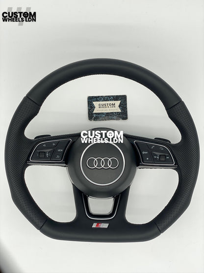 Audi Custom Flat Bottom Steering Wheel – Smooth Leather, Perforated Grips, OEM Short Paddles, Stock Buttons | Fits A3, A4, A5, S3, S4, Q3 + more | Plug & Play | With Airbag | Guaranteed Fit | Upgrade for Older Models Available