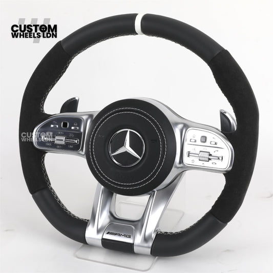 Mercedes Custom AMG Flat Bottom Steering Wheel – Black Leather & Alcantara, White Stripe, Silver Trim, Touch Control Buttons, Silver Paddles | Fits C-Class, E-Class, CLS, GLC, GLE, G-Class + more | Plug & Play | Retrofit Upgrade for Older Models