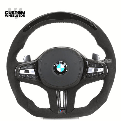 BMW Custom LED Alcantara Flat Bottom Steering Wheel – Carbon Trim – Fits F20 F22 F30 F32 F36 F80 F82 F87 F10 F12 F13 + more