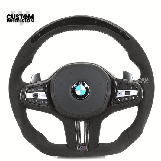 BMW Custom LED Alcantara Flat Bottom Steering Wheel – Carbon Trim – Fits F20 F22 F30 F32 F36 F80 F82 F87 F10 F12 F13 + more