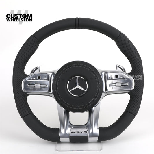 Mercedes Custom AMG Flat Bottom Steering Wheel – Full Black Leather, Black Stripe, Silver Trim, Touch Control Buttons, Silver Paddles, AMG Badge | Fits C-Class, E-Class, CLS, GLC, GLE, G-Class + more | Plug & Play | Retrofit Upgrade for Older Models