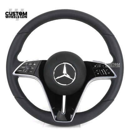 Mercedes Custom W223 Flat Bottom Steering Wheel – Smooth Black Leather, Gloss Black Trim, Touch Control Buttons | Fits S-Class W223, GLE, GLS, E-Class W213 Facelift + more | Plug & Play | With Airbag | Retrofit Upgrade for Older Models Available