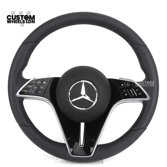 Mercedes Custom W223 Flat Bottom Steering Wheel – Smooth Black Leather, Gloss Black Trim, Touch Control Buttons | Fits S-Class W223, GLE, GLS, E-Class W213 Facelift + more | Plug & Play | With Airbag | Retrofit Upgrade for Older Models Available