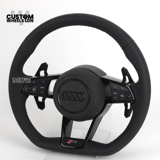 Audi Custom R8-Style Flat Bottom Steering Wheel – Black Leather, Black Stitching, Black Paddles | Fits A4, A5, S5, A6, A7, S6, S7, Q5, SQ5 + more | Plug & Play | With Airbag | Upgrade for Older Models Available