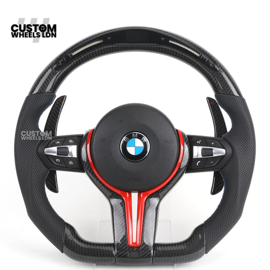 BMW Custom LED Steering Wheel – Carbon Fibre with Red Trim, Perforated Leather, Flat Bottom | Fits 1/2/3/4 Series, X1, X2 + more