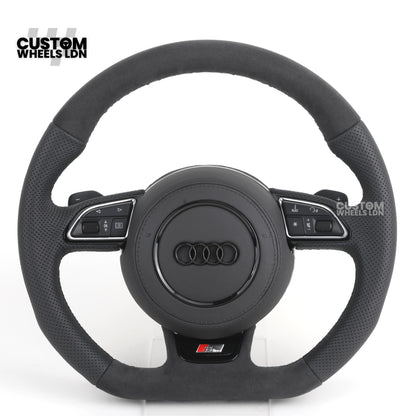 Audi 8V Custom S-Line Flat Bottom Steering Wheel – Black Leather, Black Stitching, Silver Paddles, S-Line Badge | Fits A1, A3, S3, A4, A5, Q2, Q3, Q5 + more | Plug & Play | With Airbag | Upgrade for Older Models Available