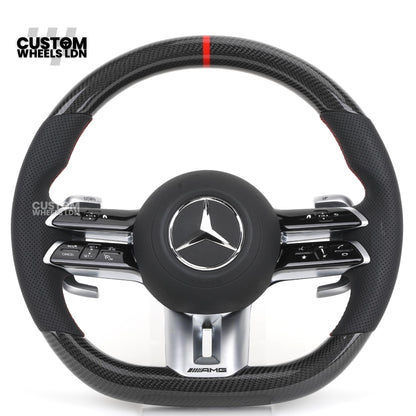 Mercedes Custom W223 AMG Flat Bottom Steering Wheel – Carbon Top & Bottom, Red Center Stripe, Perforated Grips, Silver Paddles, Touch Control Buttons | Fits C63, E63, S63, GLE, GLS, W223 + more | Plug & Play | With Airbag | Retrofit Upgrade for Older Mode