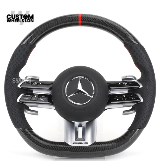 Mercedes Custom W223 AMG Flat Bottom Steering Wheel – Carbon Top & Bottom, Red Center Stripe, Perforated Grips, Silver Paddles, Touch Control Buttons | Fits C63, E63, S63, GLE, GLS, W223 + more | Plug & Play | With Airbag | Retrofit Upgrade for Older Mode