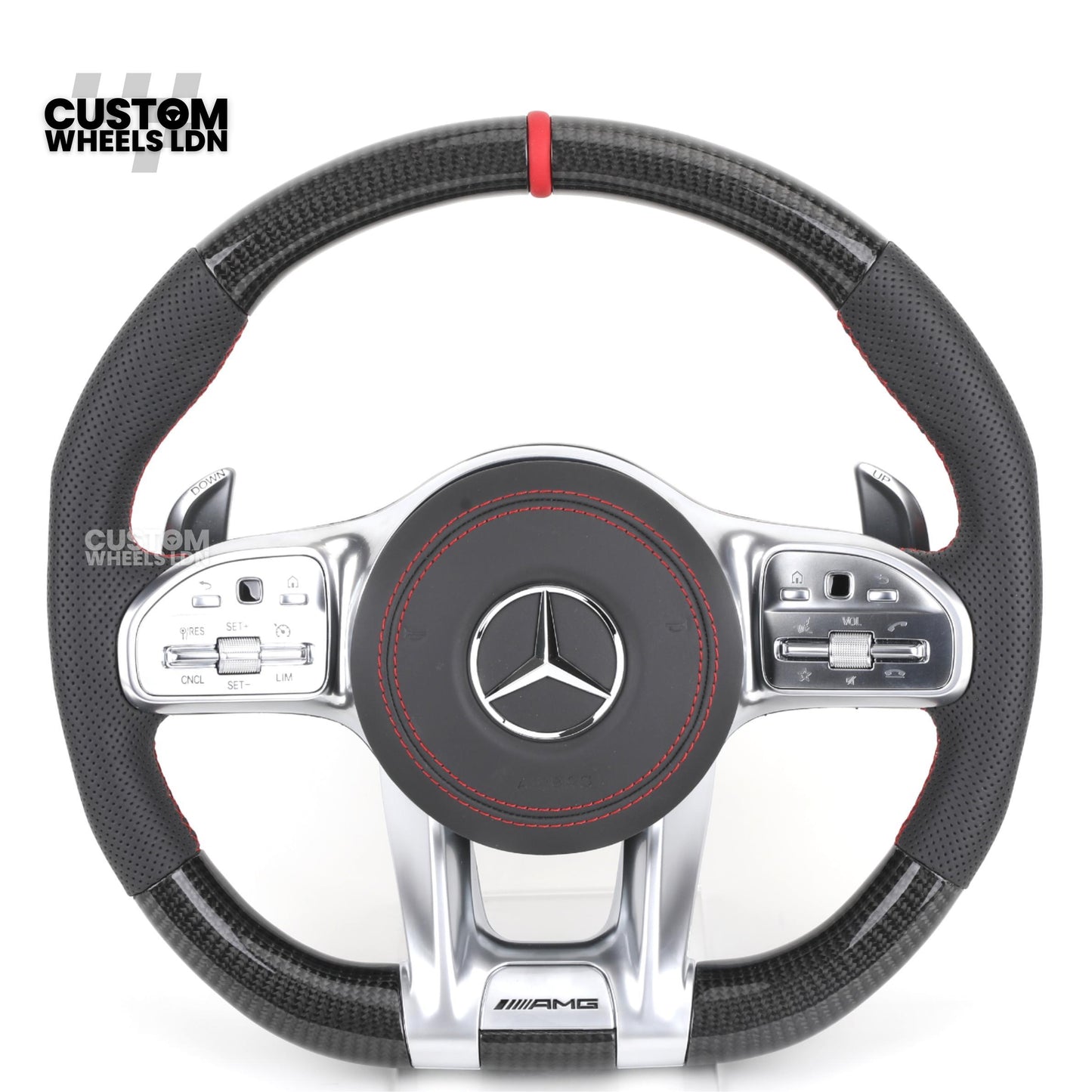 Mercedes Custom Steering Wheel | AMG Style Carbon & Leather | Red Stitching & Center Stripe | Complete Retrofit for Older Models | Fits W204 W212 W218 + more