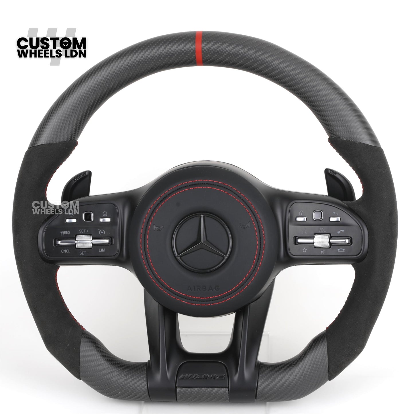 Mercedes Custom AMG Steering Wheel Flat Bottom Alcantara + Satin Carbon | Red Stitching & Marker | Complete Retrofit | Fits C-Class, E-Class, GLC, CLA, GLS, W205, W213, W222 + more