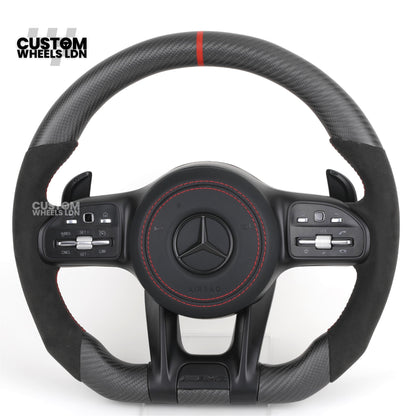 Mercedes Custom AMG Steering Wheel Flat Bottom Alcantara + Satin Carbon | Red Stitching & Marker | Complete Retrofit | Fits C-Class, E-Class, GLC, CLA, GLS, W205, W213, W222 + more