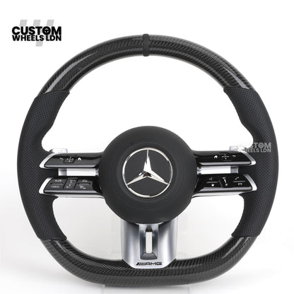 Mercedes Custom W223 AMG Flat Bottom Steering Wheel – Carbon Top & Bottom, Perforated Leather Grip, Gloss Black Trim, Touch Control Buttons | Fits C63, E63, S63, GLE, GLS, S-Class W223 + more | Plug & Play | With Airbag | Retrofit Upgrade for Older Models