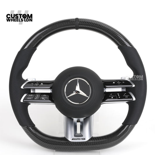 Mercedes Custom W223 AMG Flat Bottom Steering Wheel – Carbon Top & Bottom, Perforated Leather Grip, Gloss Black Trim, Touch Control Buttons | Fits C63, E63, S63, GLE, GLS, S-Class W223 + more | Plug & Play | With Airbag | Retrofit Upgrade for Older Models