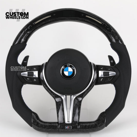 BMW Custom Forged Carbon LED Steering Wheel with Perforated Leather, Silver Accents & M-Sport Stitching | Complete Plug & Play | Fits BMW F20 F21 F22 F23 F30 F31 F32 F33 F36 F80 F87 E82 E88 E90 E92 E93 + more
