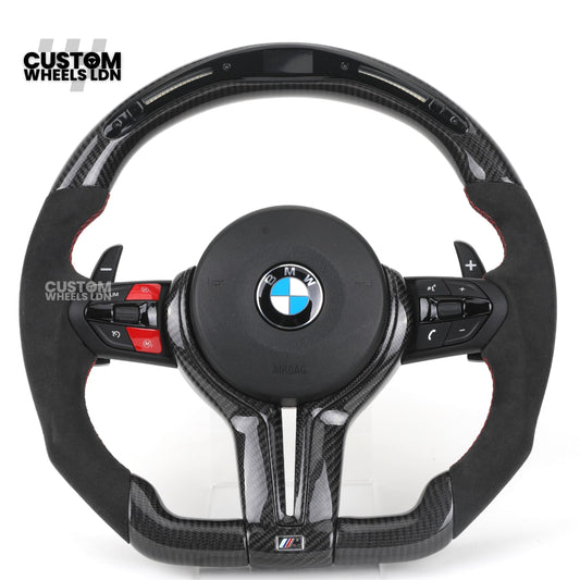 BMW Custom LED Steering Wheel – Gloss Carbon Fibre with Alcantara & Red Accents | M-Sport Style | Fits 3/4/5 Series, X Models + more | Plug & Play | Fits older models