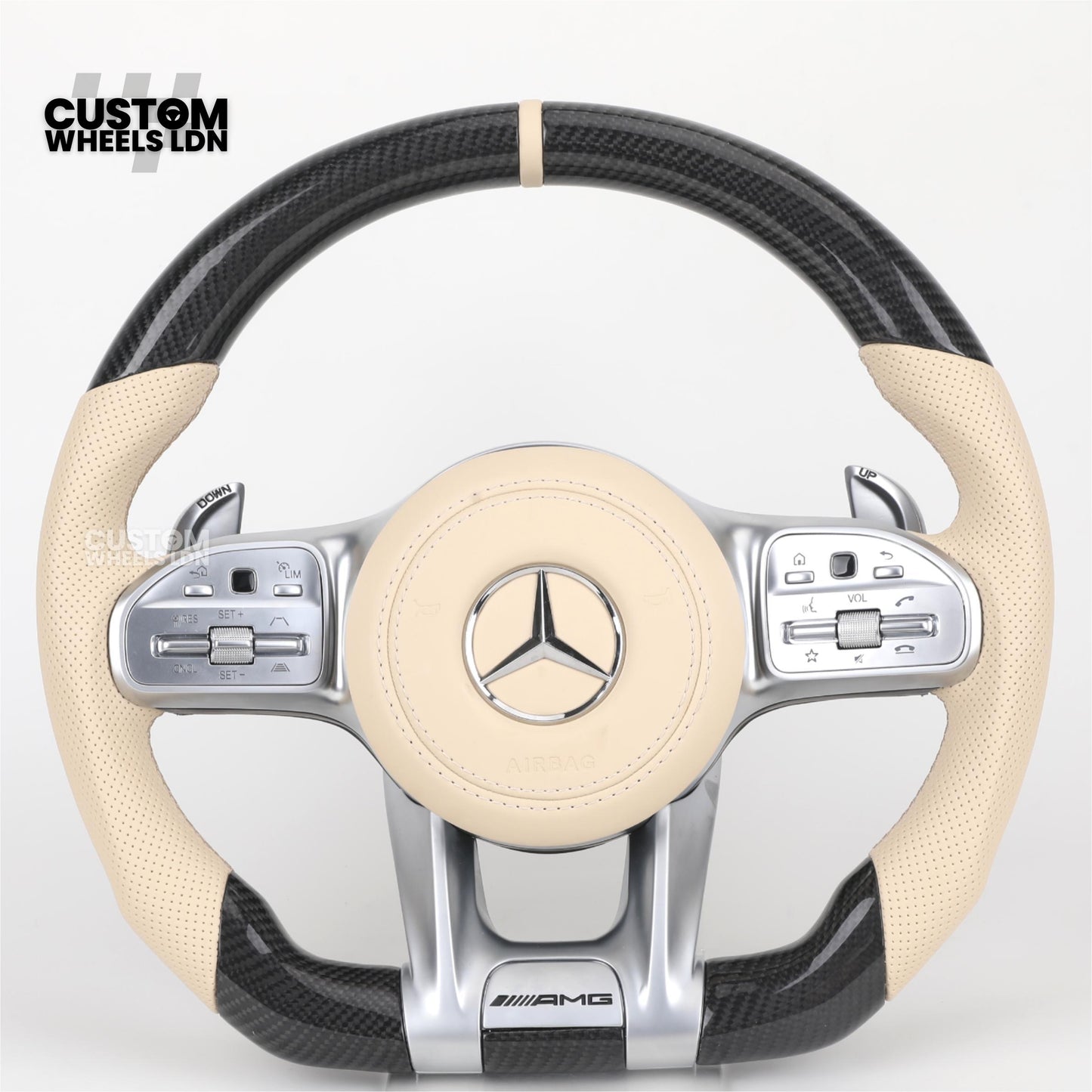 Mercedes Custom Steering Wheel | AMG Style Carbon Fibre with Beige Leather & Stripe | Silver Paddles | Complete Retrofit for Older Models | Fits W205 W204 W212 W213 W218 W207 + more