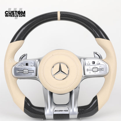 Mercedes Custom Steering Wheel | AMG Style Carbon Fibre with Beige Leather & Stripe | Silver Paddles | Complete Retrofit for Older Models | Fits W205 W204 W212 W213 W218 W207 + more