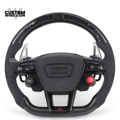 Audi Custom Q/RS Series Flat Bottom Steering Wheel – LED Rev Display, Alcantara Grip, Carbon Top & Bottom, Carbon Paddles, Start Button | Fits Q3, Q5, SQ5, Q7, Q8, SQ8, RSQ8, A6, A7, A8 (D5) | Plug & Play | With Airbag