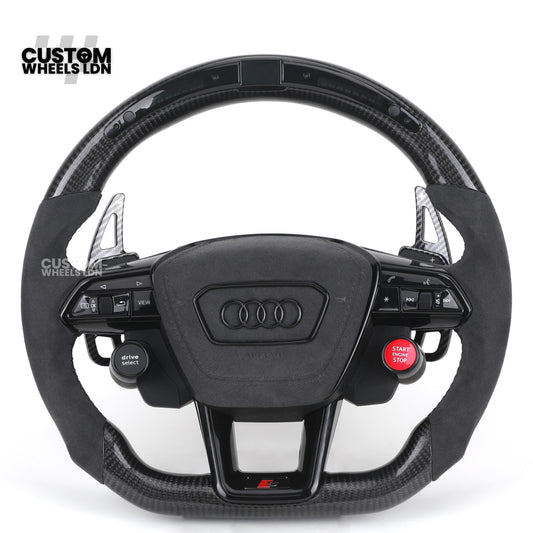 Audi Custom Q/RS Series Flat Bottom Steering Wheel – LED Rev Display, Alcantara Grip, Carbon Top & Bottom, Carbon Paddles, Start Button | Fits Q3, Q5, SQ5, Q7, Q8, SQ8, RSQ8, A6, A7, A8 (D5) | Plug & Play | With Airbag