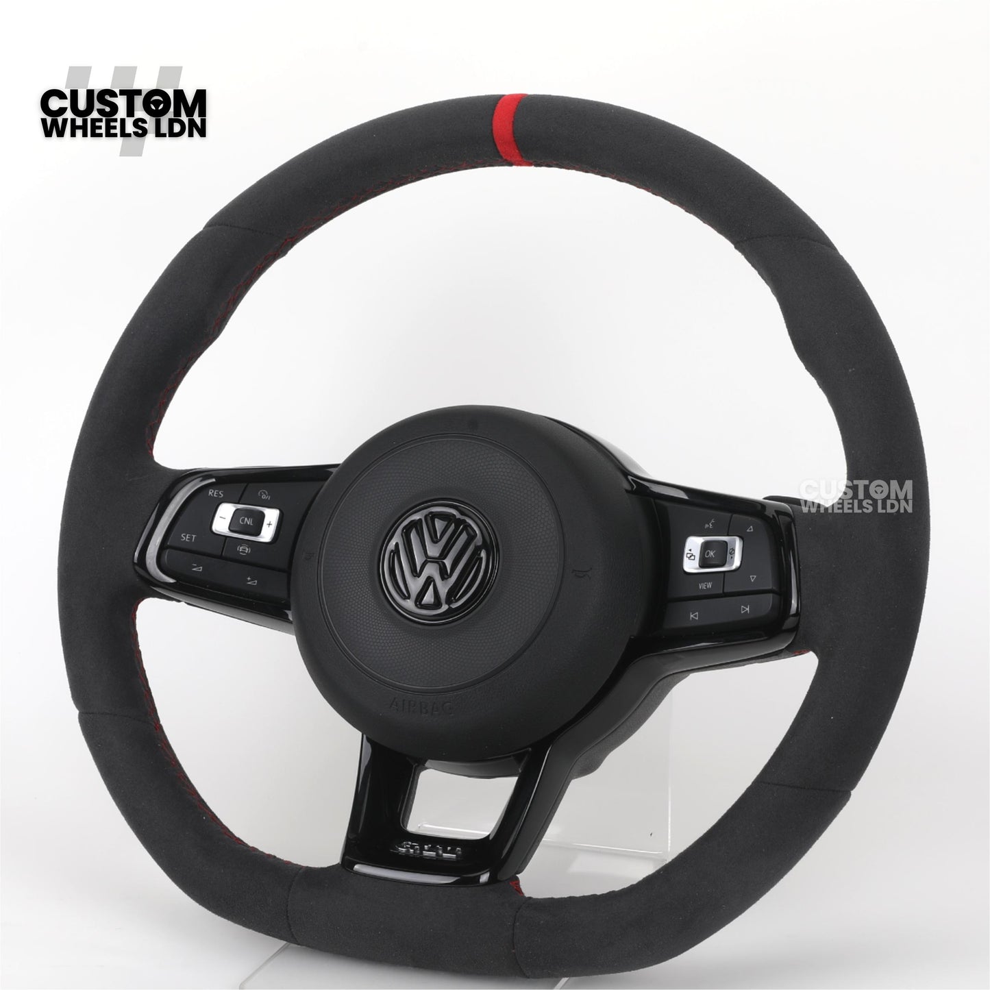 VW MK7 Custom Steering Wheel | Alcantara Wrap, Red Centre Stripe, Full Plug & Play Complete Wheel | Fits Golf MK7, GTI, R + more