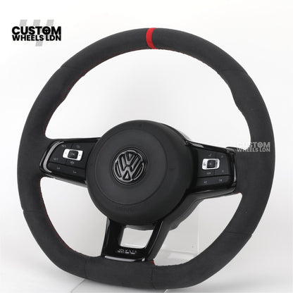 VW MK7 Custom Steering Wheel | Alcantara Wrap, Red Centre Stripe, Full Plug & Play Complete Wheel | Fits Golf MK7, GTI, R + more