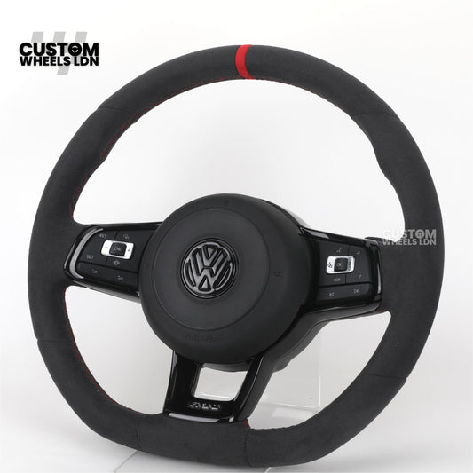VW MK7 Custom Steering Wheel | Alcantara Wrap, Red Centre Stripe, Full Plug & Play Complete Wheel | Fits Golf MK7, GTI, R + more