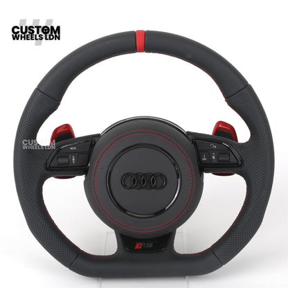 Audi Custom RS3 8V Flat Bottom Steering Wheel – Red Stitching, Red Paddles, Red Centre Stripe | Plug & Play | With Airbag
