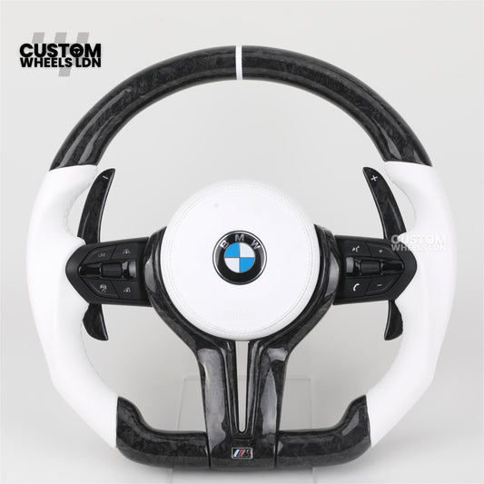 BMW Forged Carbon & White Leather Steering Wheel | Paddle Shifters | M Badge | Flat Bottom | Fits 1 2 3 4 5 Series (F & E Series) + more | Complete Plug & Play