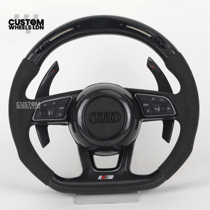 Audi Custom B9 Flat Bottom Steering Wheel – LED Rev Display, Alcantara Grip, Carbon Top & Bottom, Carbon Paddles | Fits A3, S3, RS3, A4, S4, A5, S5, Q5, SQ5, A6, A7 + more | Plug & Play | With Airbag | Upgrade for Older Models Available