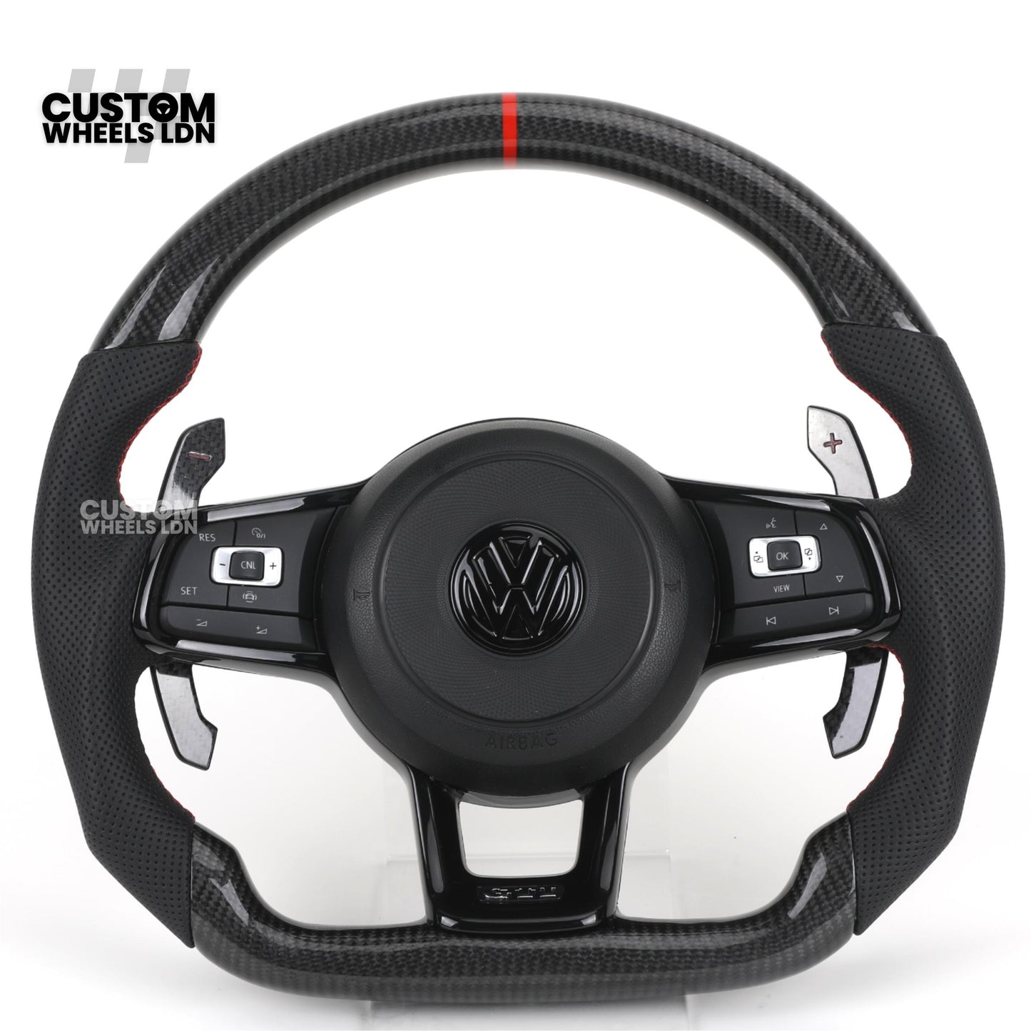 Volkswagen Custom Carbon Steering Wheel – Flat Bottom, Red Centre Stripe, Perforated Leather Grips, Urus Paddles | Fits Golf GTI, R, Scirocco + more | Plug & Play Upgrade