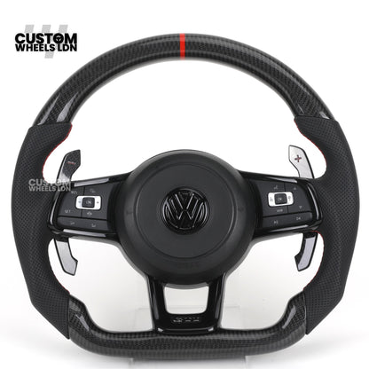 Volkswagen Custom Carbon Steering Wheel – Flat Bottom, Red Centre Stripe, Perforated Leather Grips, Urus Paddles | Fits Golf GTI, R, Scirocco + more | Plug & Play Upgrade