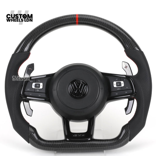 Volkswagen Custom Carbon Steering Wheel – Flat Bottom, Red Centre Stripe, Perforated Leather Grips, Urus Paddles | Fits Golf GTI, R, Scirocco + more | Plug & Play Upgrade