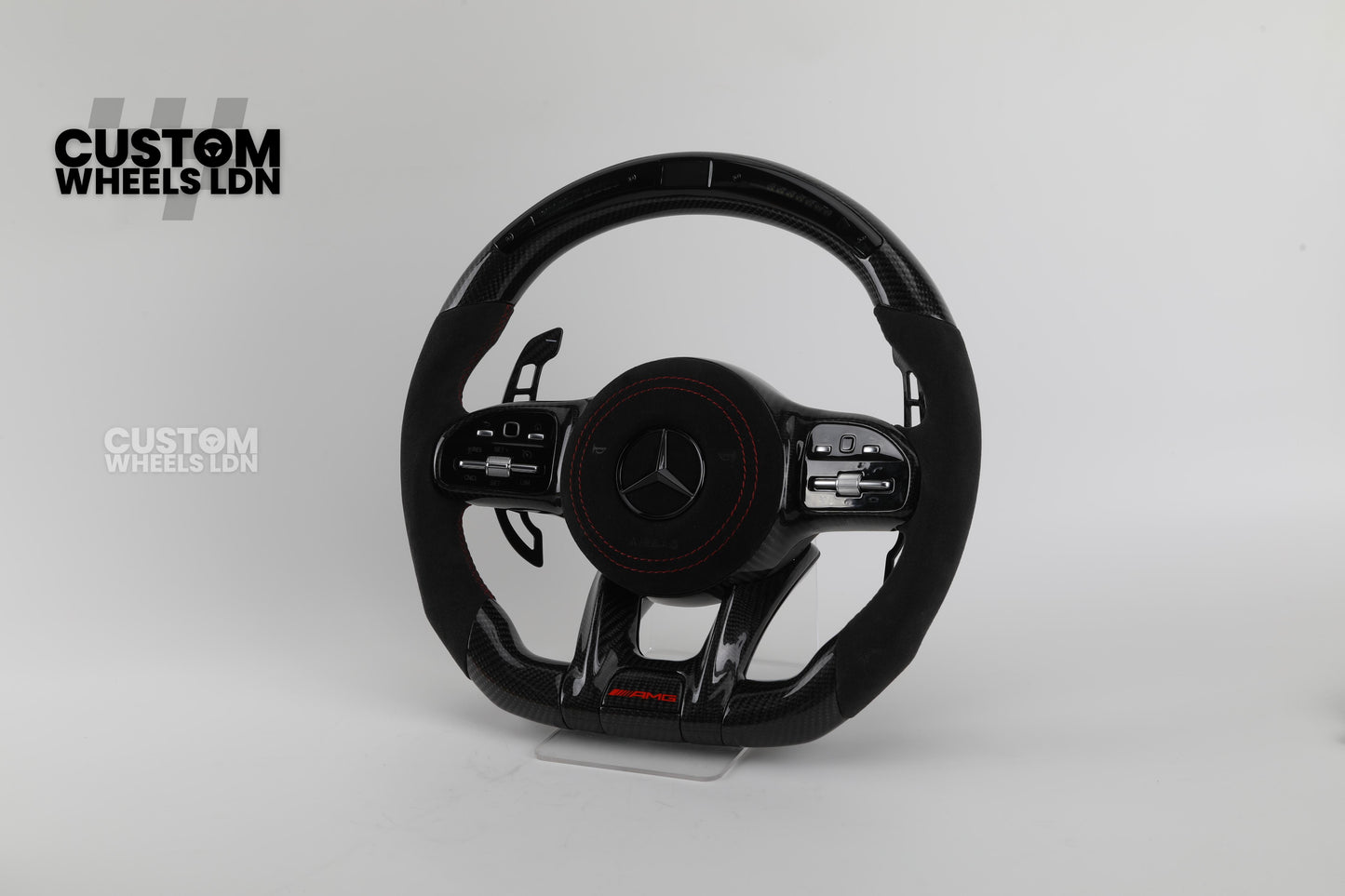 Mercedes Custom AMG Flat Bottom Steering Wheel – Alcantara & Carbon Fibre, Red Stitching, LED Display, Touch Control Buttons, AMG Badge | Fits C-Class, E-Class, CLS, GLC, GLE, G-Class + more | Plug & Play | Retrofit Upgrade for Older Models Available