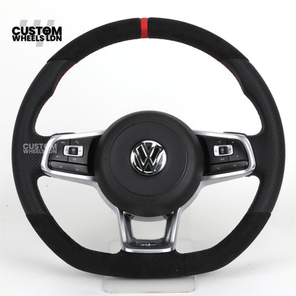 Volkswagen Custom Steering Wheel – Alcantara Top & Bottom, Perforated Leather Grips, Red Stripe, Flat Bottom, OEM Buttons | Fits Golf MK7/7.5, GTI, R, Polo + more | Plug & Play Upgrade