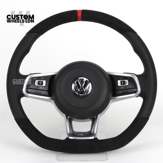 Volkswagen Custom Steering Wheel – Alcantara Top & Bottom, Perforated Leather Grips, Red Stripe, Flat Bottom, OEM Buttons | Fits Golf MK7/7.5, GTI, R, Polo + more | Plug & Play Upgrade