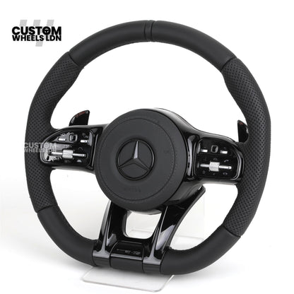 rcedes Custom AMG Flat Bottom Steering Wheel – Full Black Leather, Piano Black Trim, Touch Control Buttons, AMG Badge | Fits C-Class, E-Class, CLS, GLC, GLE, G-Class + more | Plug & Play | Retrofit Upgrade for Older Models