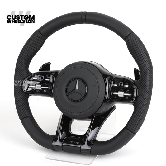 rcedes Custom AMG Flat Bottom Steering Wheel – Full Black Leather, Piano Black Trim, Touch Control Buttons, AMG Badge | Fits C-Class, E-Class, CLS, GLC, GLE, G-Class + more | Plug & Play | Retrofit Upgrade for Older Models