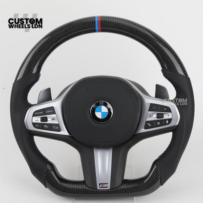BMW Custom G Series Carbon Steering Wheel – Flat Bottom – Brushed Silver Trim – Fits G20 G21 G22 G23 G30 G31 G32 G14 G15 G16 G01 G02 + more