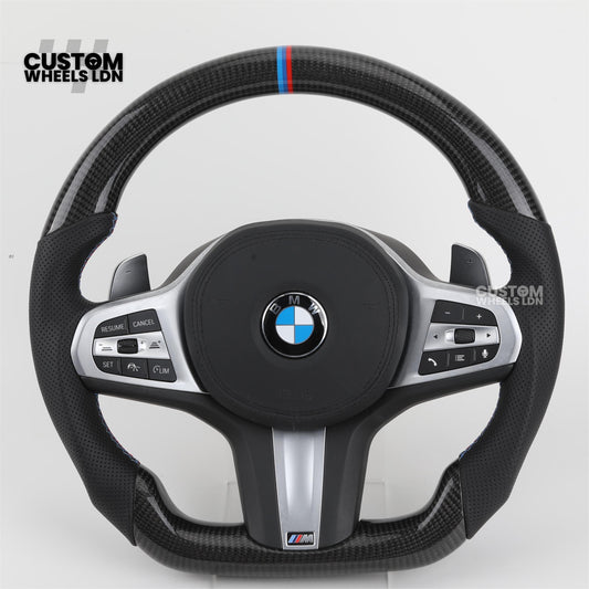 BMW Custom G Series Carbon Steering Wheel – Flat Bottom – Brushed Silver Trim – Fits G20 G21 G22 G23 G30 G31 G32 G14 G15 G16 G01 G02 + more