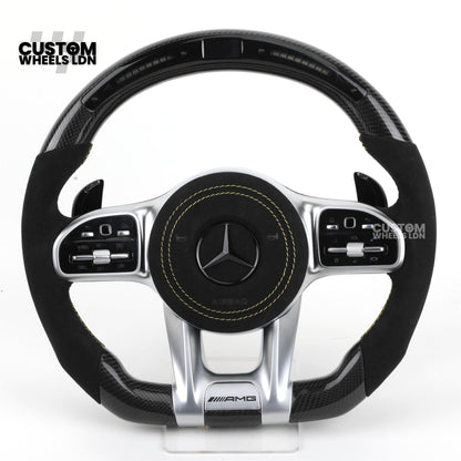 Mercedes Custom AMG Flat Bottom Steering Wheel – Alcantara & Carbon Fibre, Yellow Stitching, LED Display, Silver Trim, Touch Control Buttons, AMG Badge | Fits C-Class, E-Class, CLS, GLC, GLE, G-Class + more | Plug & Play | Retrofit Upgrade for Older Model