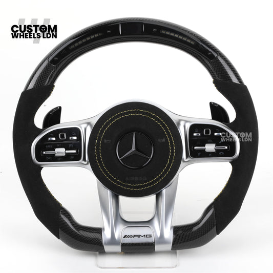Mercedes Custom AMG Flat Bottom Steering Wheel – Alcantara & Carbon Fibre, Yellow Stitching, LED Display, Silver Trim, Touch Control Buttons, AMG Badge | Fits C-Class, E-Class, CLS, GLC, GLE, G-Class + more | Plug & Play | Retrofit Upgrade for Older Model
