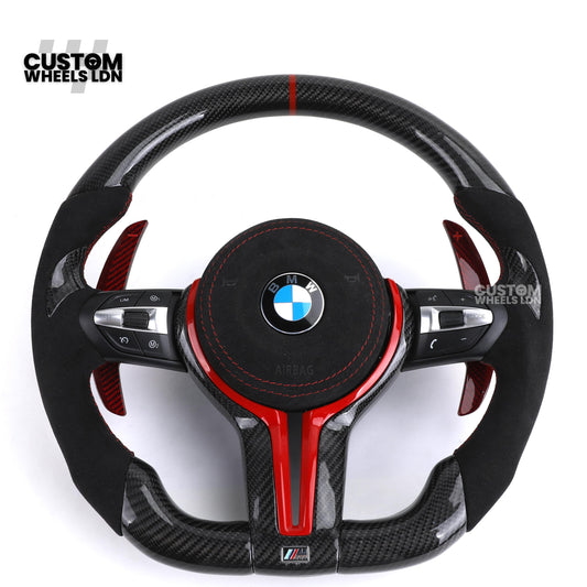 BMW Custom Carbon Fibre Steering Wheel – Red Trim & Paddles | Alcantara | M Performance Style | Plug & Play | Fits F20, F22, F30, F32, F36, M2, M3, M4, X1, X2 + more